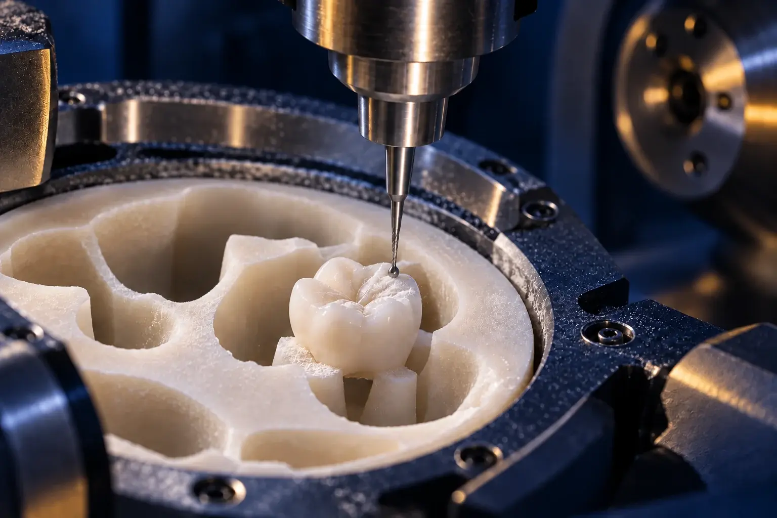 KI-Visualisierung moderner CNC-Fertigung für dentale Werkstücke