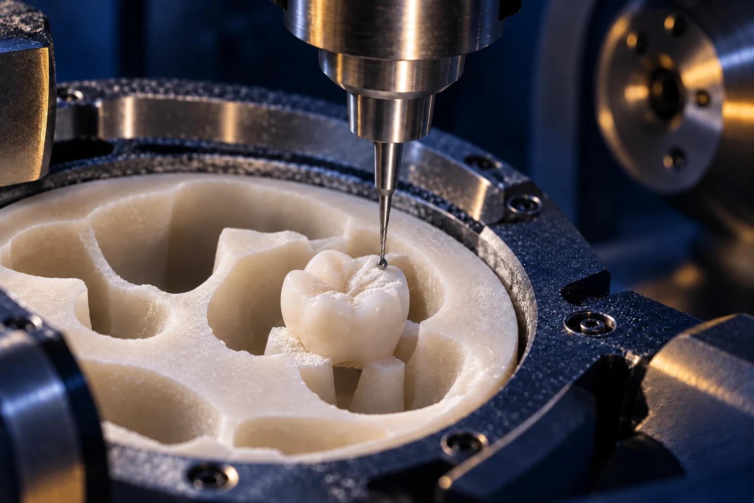 KI-Visualisierung einer CNC-Fräsmaschine bei der Bearbeitung einer Zahnkrone